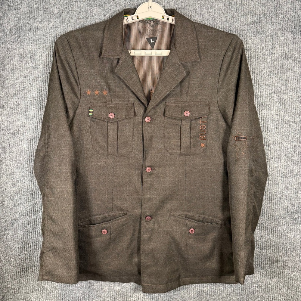 Y2K Rusty Utility Field Jacket Men L Brown Plaid Military Surf Skate Embroidered